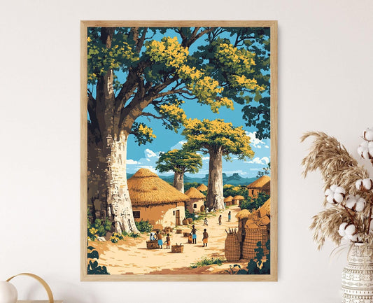 Affiche Village Mozambicain – Illustration Baobab et Tissage Artisanale