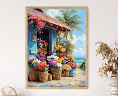 Affiche Fleur Haïtienne – Imprimé Art avec Fleurs Vibrantes et Scène Caraïbe