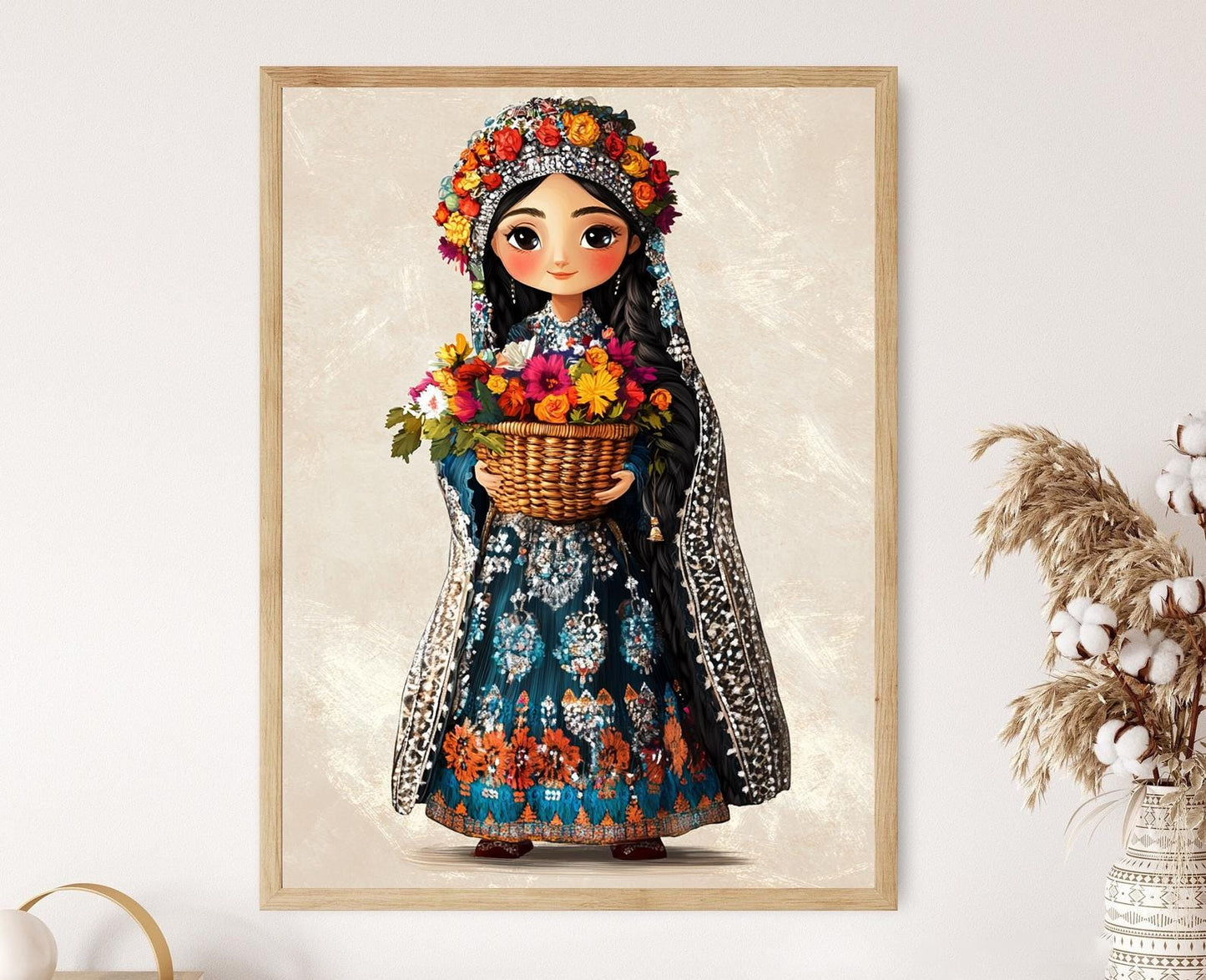 Affiche Art de Poupée Kurde d'Erbil – Imprimé avec Panier Festif et Accents Argentés