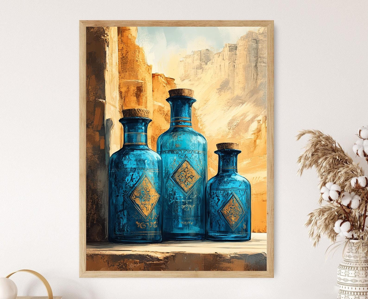 Affiche Égyptienne en Verre Bleu – Impression Art de Bouteilles Traditionnelles