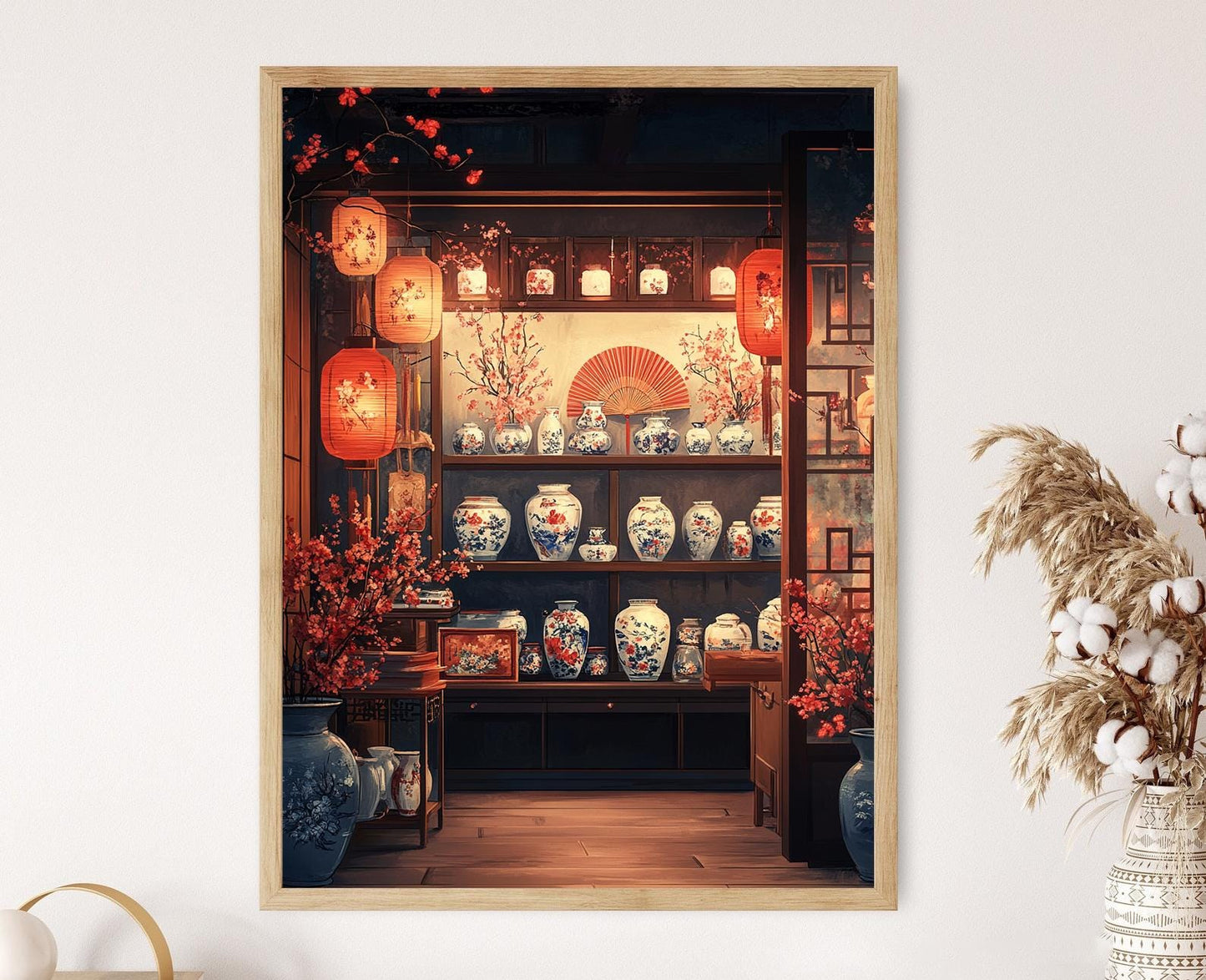 Affiche Art Chinoise – Illustration de Vase en Porcelaine et Éventail