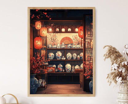 Affiche Art Chinoise – Illustration de Vase en Porcelaine et Éventail