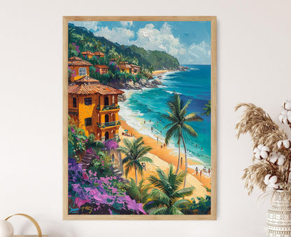Affiche Village Équatorien – Poster Art de Montañita, Plage et Surf