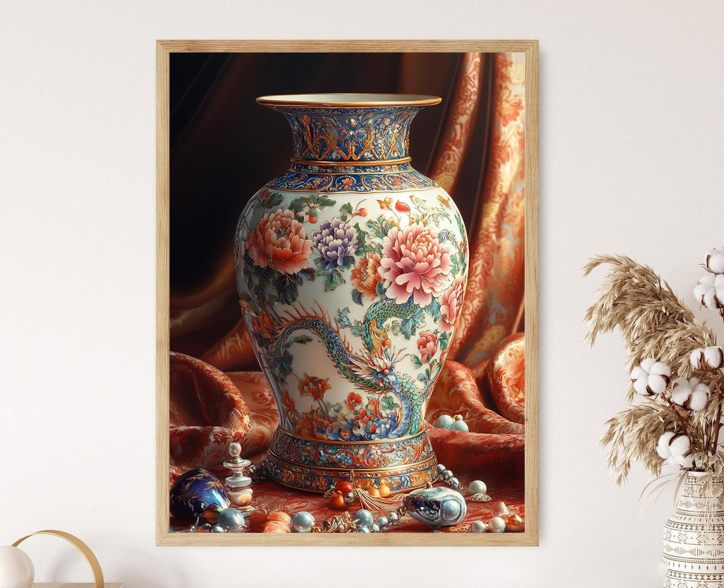 Affiche Vase Cloisonné Chinois – Poster Floral et Dragon Élégant