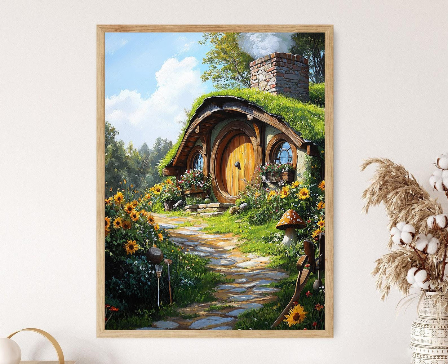 Affiche Hobbiton – Illustration de porte ronde, art de cottage fantasy cozy