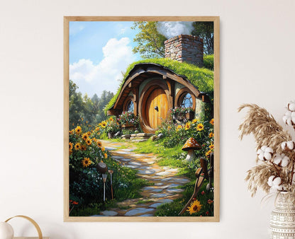 Affiche Hobbiton – Illustration de porte ronde, art de cottage fantasy cozy