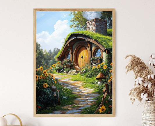Affiche Hobbiton – Illustration de porte ronde, art de cottage fantasy cozy