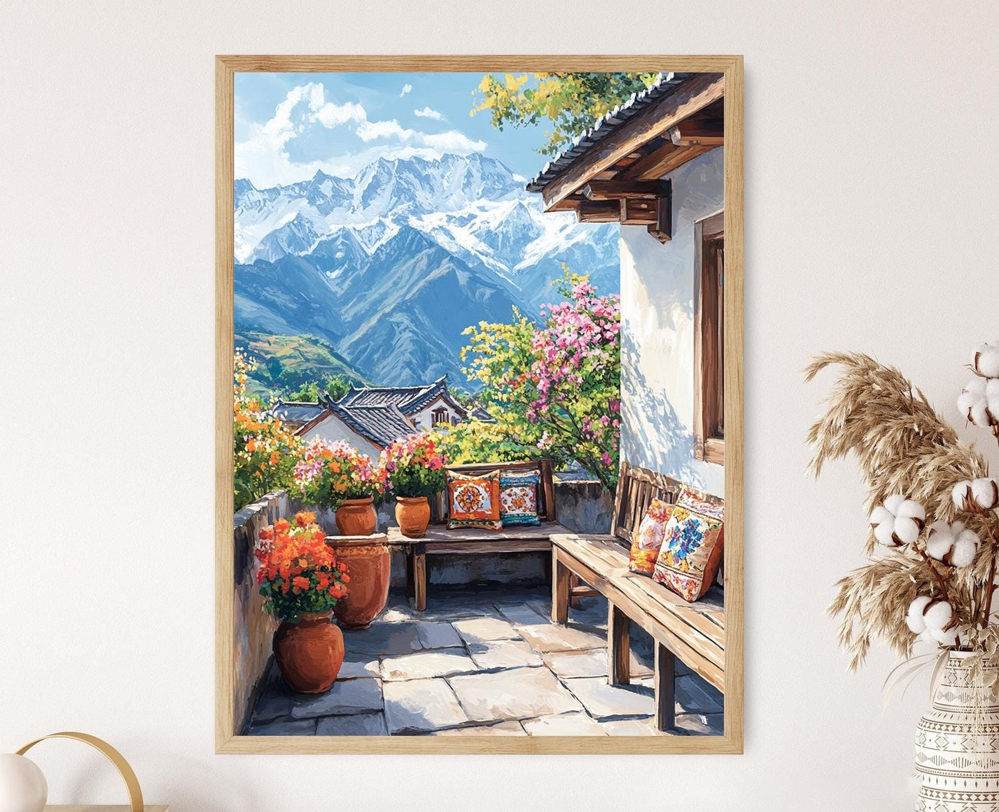 Affiche Lijiang – Poster Art Naxi et Illustration de Pot de Fleurs