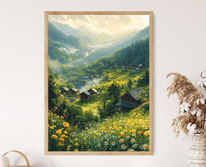 Affiche Hunan Village – Poster Art des Terrasses de Riz et Maison en Bois