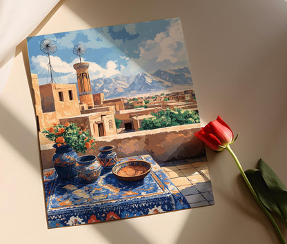Affiche Yazd – Illustration de toits, attrape-vents et décor iranien