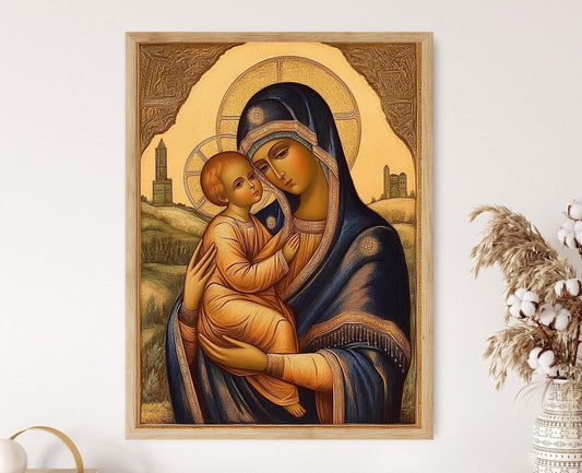 Affiche Theotokos et Enfant – Poster Icône Orthodoxe Byzantine