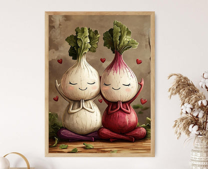 Affiche Yoga Laitue et Radis – Illustration Zen des Légumes Amusants