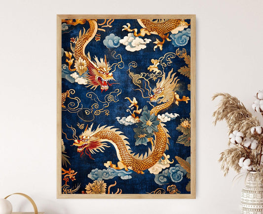 Affiche Chinoiserie Dragon – Poster Art Luxueux avec Accents Dorés