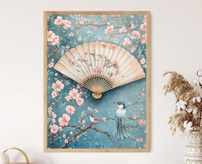 Affiche Chinoiserie – Poster Oiseaux et Fleurs, Décor Mural Bleu Doux
