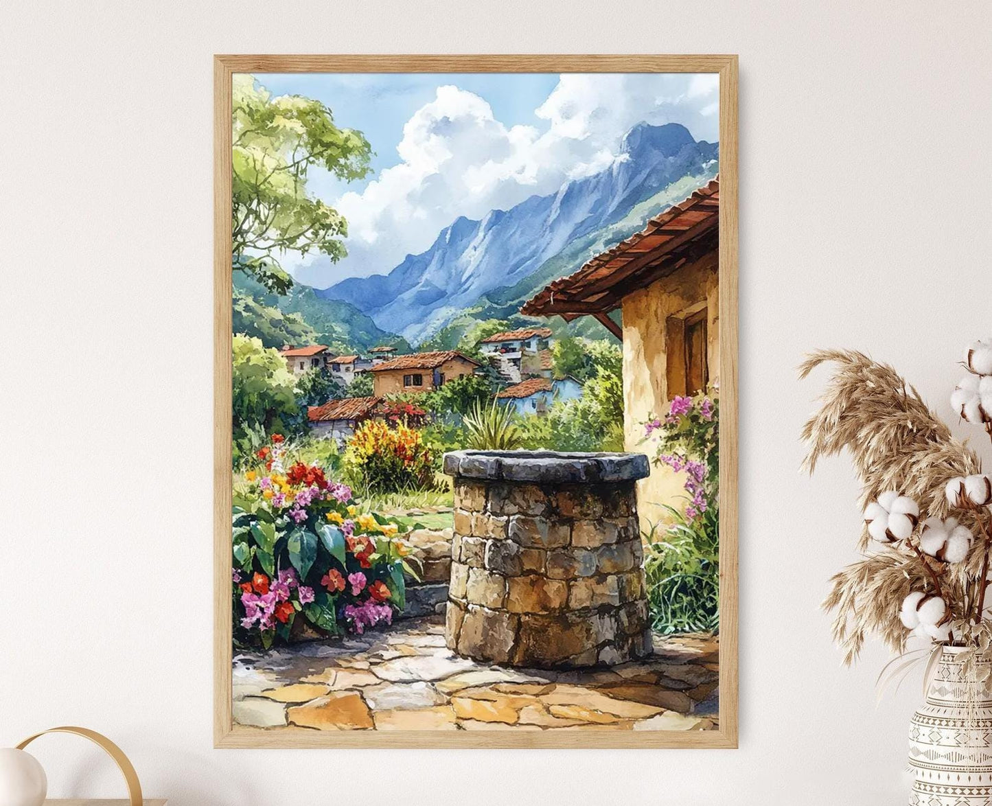 Affiche Décor Fermier Vénézuélien – Impression d'un Puits Rustique avec Lys