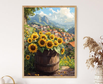Affiche Décor Ferme Brésilienne – Imprimé Art de Fût en Bois avec Tournesols