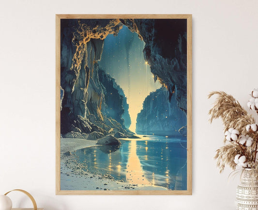 Affiche Magique des Grottes de Waitomo – Poster Luminaires et Rivière Réfléchissante