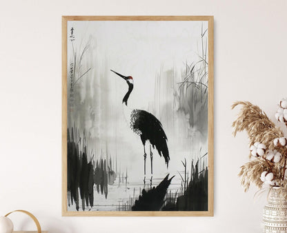 Affiche Grue en Sumi-e – Tableau apaisant pour une déco zen