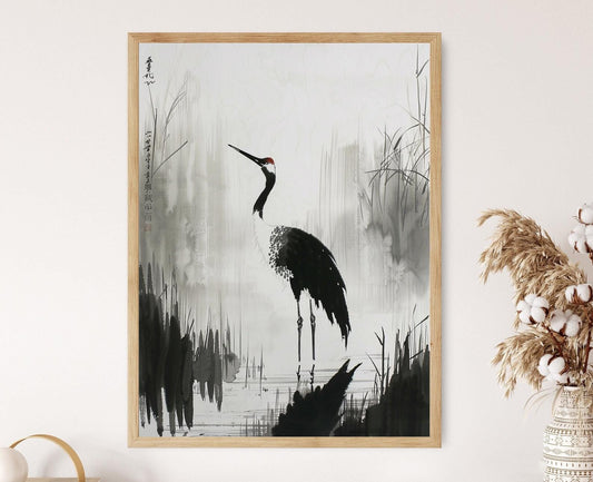 Affiche Grue en Sumi-e – Tableau apaisant pour une déco zen