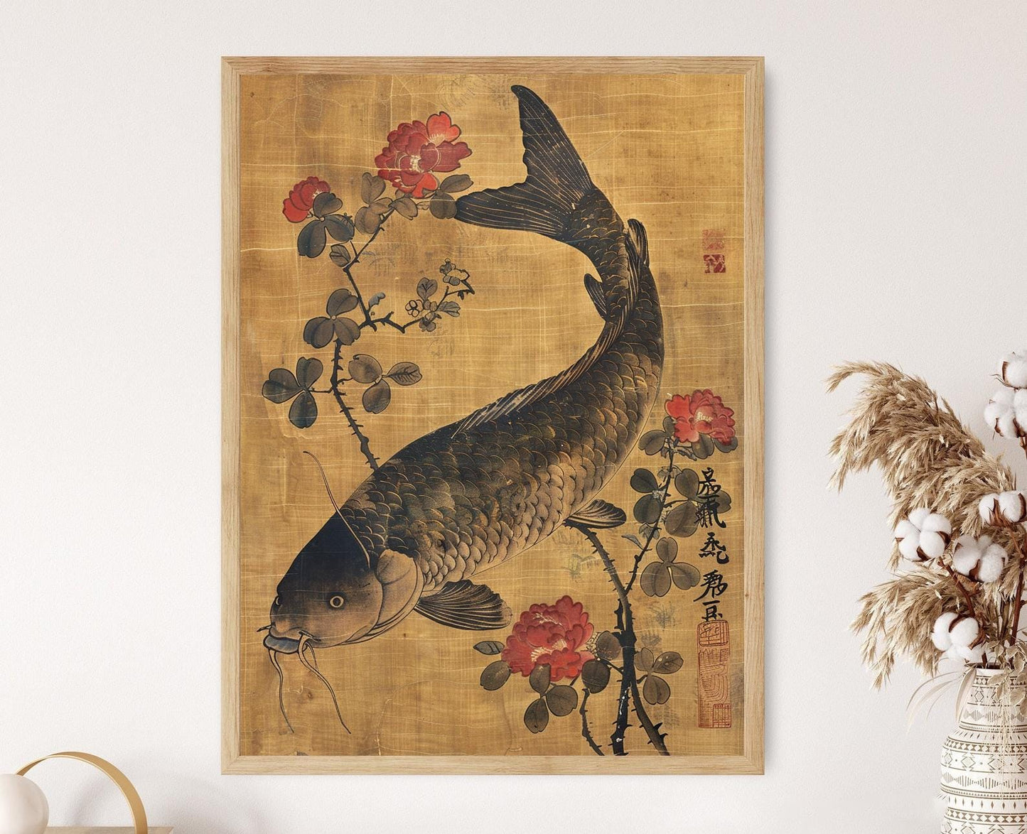 Affiche Art Shin Hanga – Imprimé Japonais de Carpe et Roses