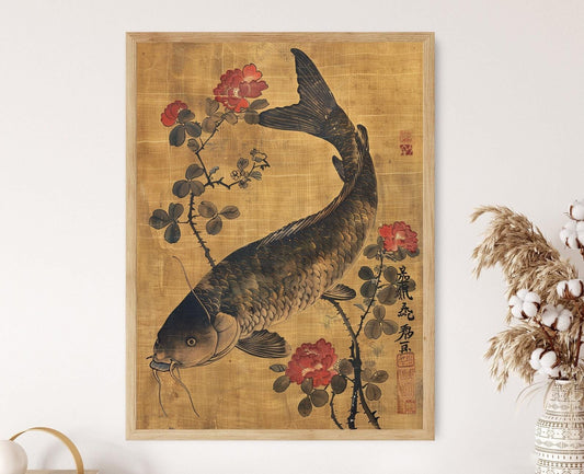 Affiche Art Shin Hanga – Imprimé Japonais de Carpe et Roses
