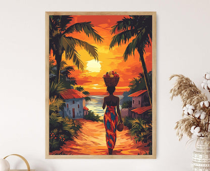 Affiche Femme Mozambicaine en Capulana – Illustration du Village au Coucher de Soleil