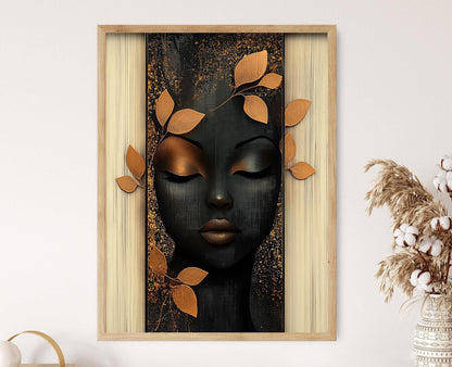 Affiche Portrait de Feuille Dorée – Impression Élégante Femme Noir et Or