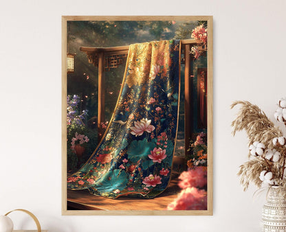 Affiche en Tissu Brocart Chinois – Poster Lotus et Grue, Héritage Culturel