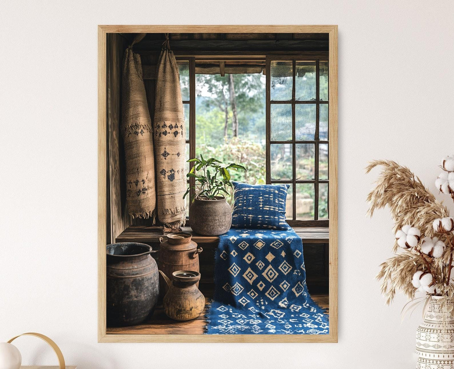 Affiche Art Textile Japonais – Poster Géométrique Indigo en Coton Artisanale