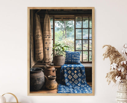 Affiche Art Textile Japonais – Poster Géométrique Indigo en Coton Artisanale