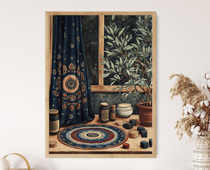 Affiche Art Textile Ajrak Pakistanais – Poster Tissu à Motif Circulaire