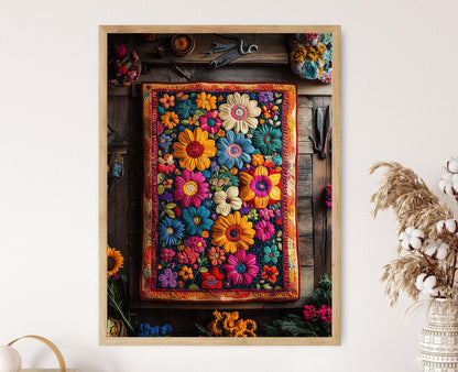 Affiche Kantha Indienne – Poster Art Floral & Géométrique Textile