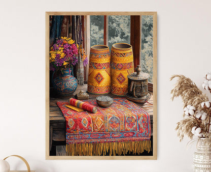 Affiche Art Textile Kera Bhoutanais – Poster Tissé Traditionnel avec Diamants et Vagues