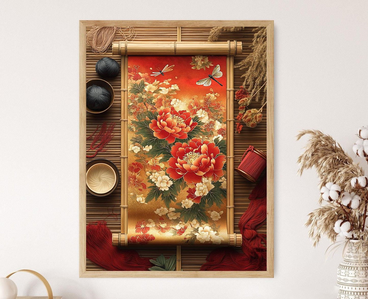 Affiche Art Textile Japonais – Illustration Soie avec Pivoine et Libellule