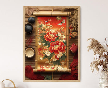 Affiche Art Textile Japonais – Illustration Soie avec Pivoine et Libellule