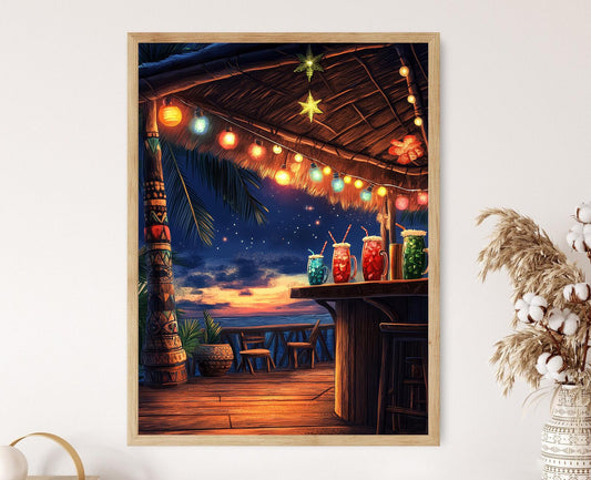 Affiche Tiki Nocturne – Art mural avec guirlandes et mugs tiki