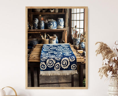Affiche en Batik Chinois – Poster Illustration Textile Indigo Artisanale