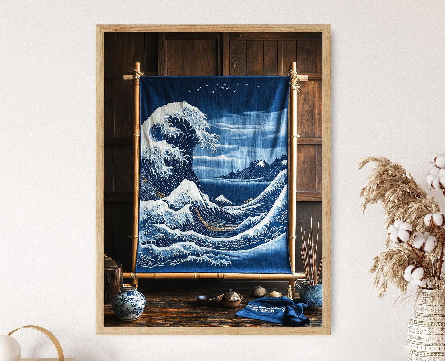 Affiche Sashiko Japonaise – Poster Illustration de Vagues et Montagnes