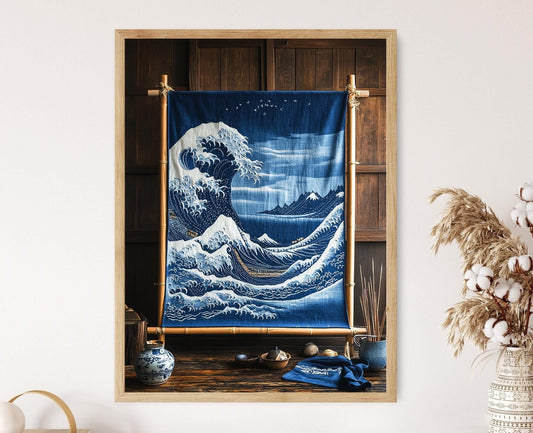 Affiche Sashiko Japonaise – Poster Illustration de Vagues et Montagnes