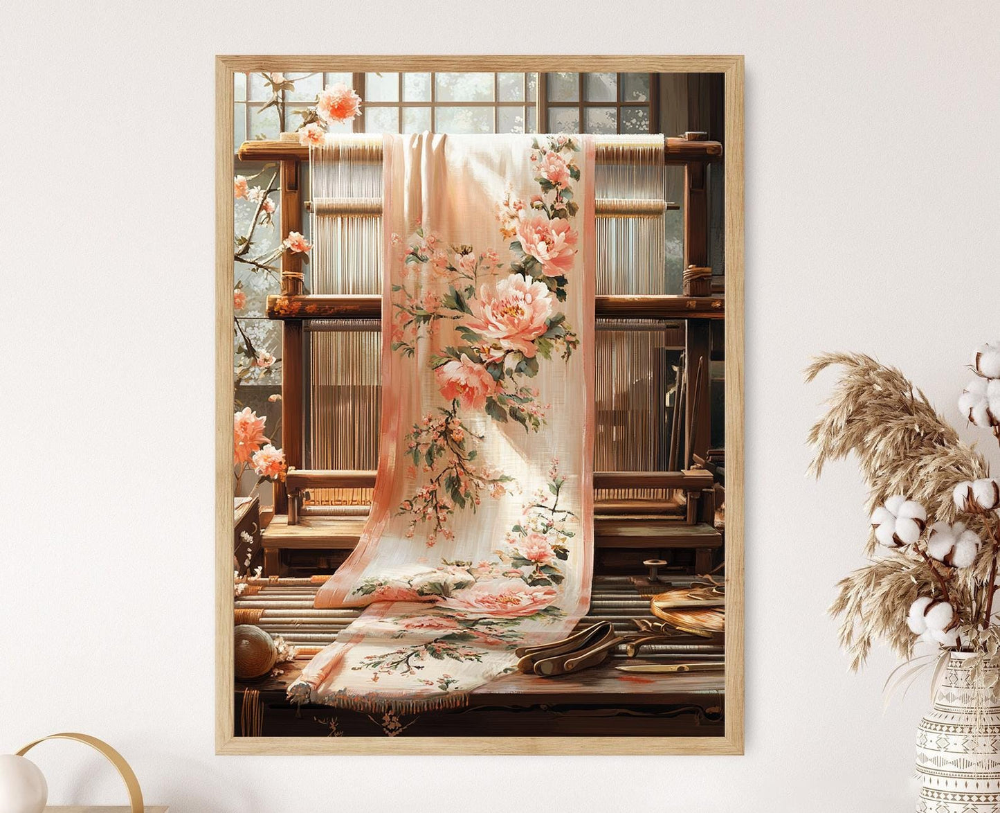 Affiche en Tissu Chanderi Indien – Poster Floral en Soie Traditionnelle