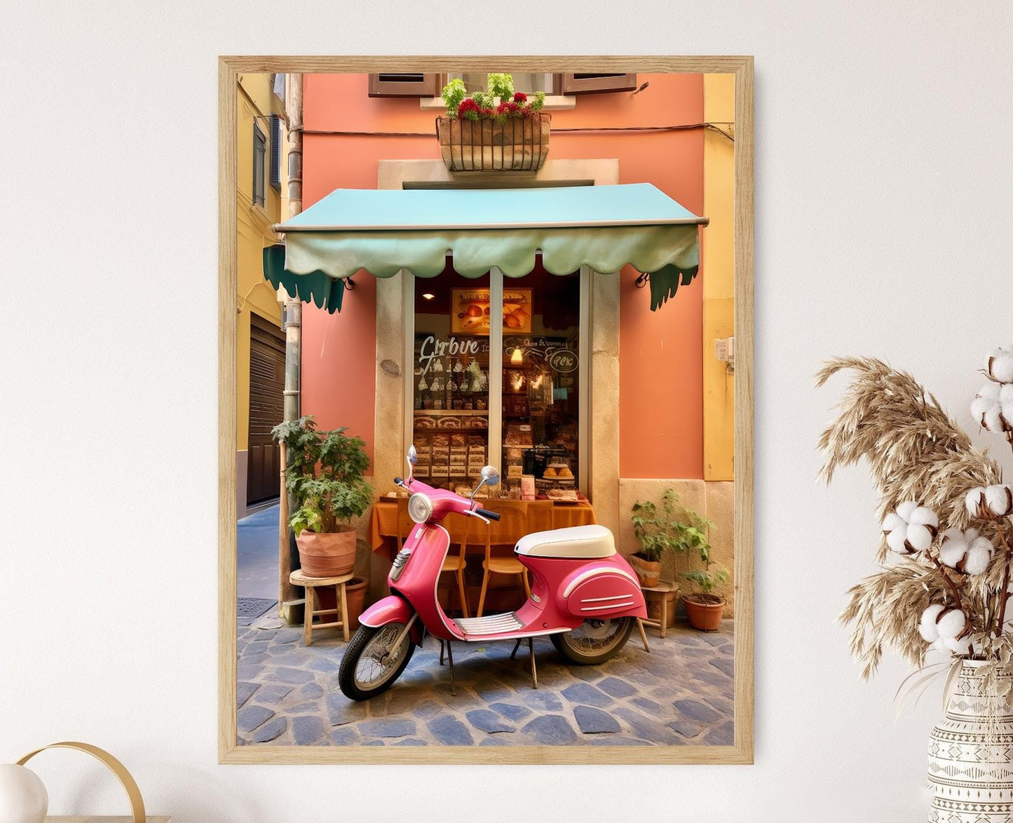Affiche Vespa Rose – Poster Scène de Boulangerie Méditerranéenne