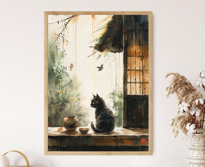 Affiche Zen Cat Teahouse – Illustration Japonaise Wabi-Sabi