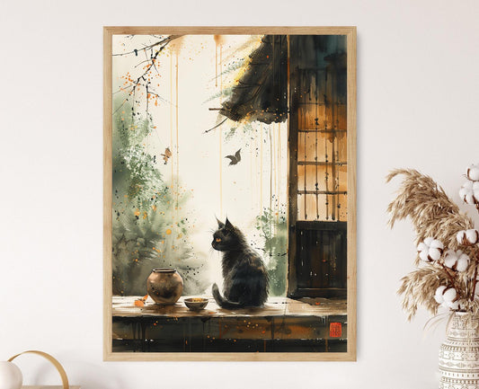 Affiche Zen Cat Teahouse – Illustration Japonaise Wabi-Sabi