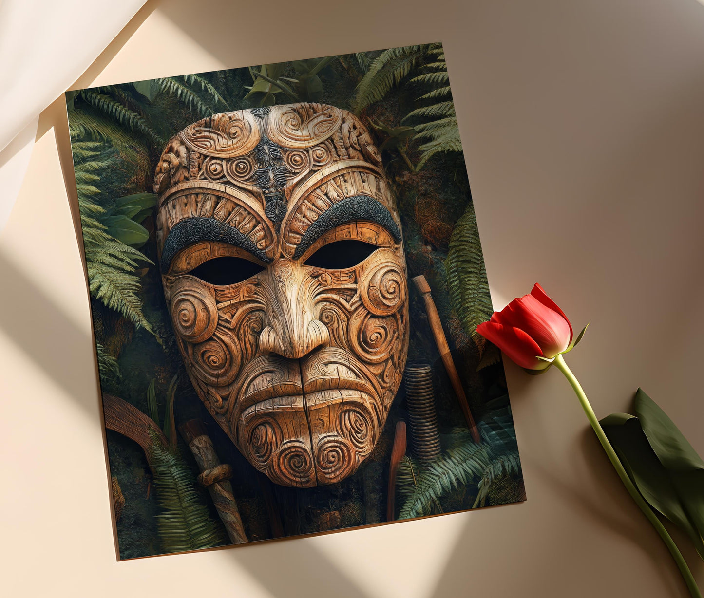 Affiche Masque Maori Sculpté – Poster Art de la Culture Néo-Zélandaise