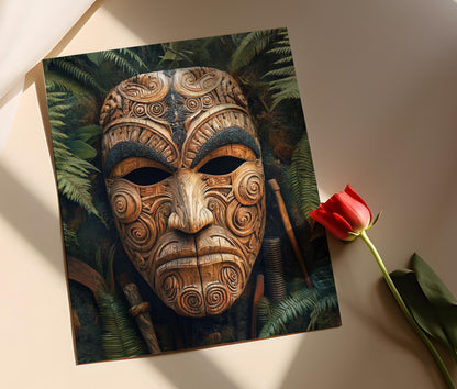 Affiche Masque Maori Sculpté – Poster Art de la Culture Néo-Zélandaise