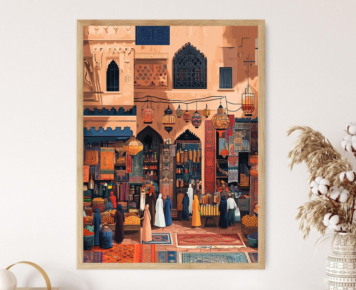 Affiche Souk Marocain – Poster Art Naïve, Tapis et Lanternes Élégants