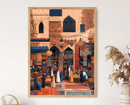 Affiche Souk Marocain – Poster Art Naïve, Tapis et Lanternes Élégants