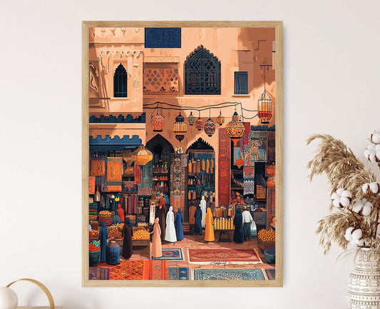 Affiche Souk Marocain – Poster Art Naïve, Tapis et Lanternes Élégants