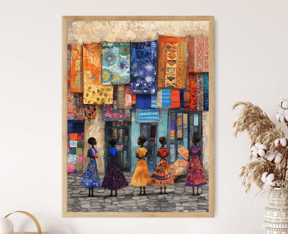 Affiche Marché Textile Éthiopien – Poster Art Wall Coloré en Tissu