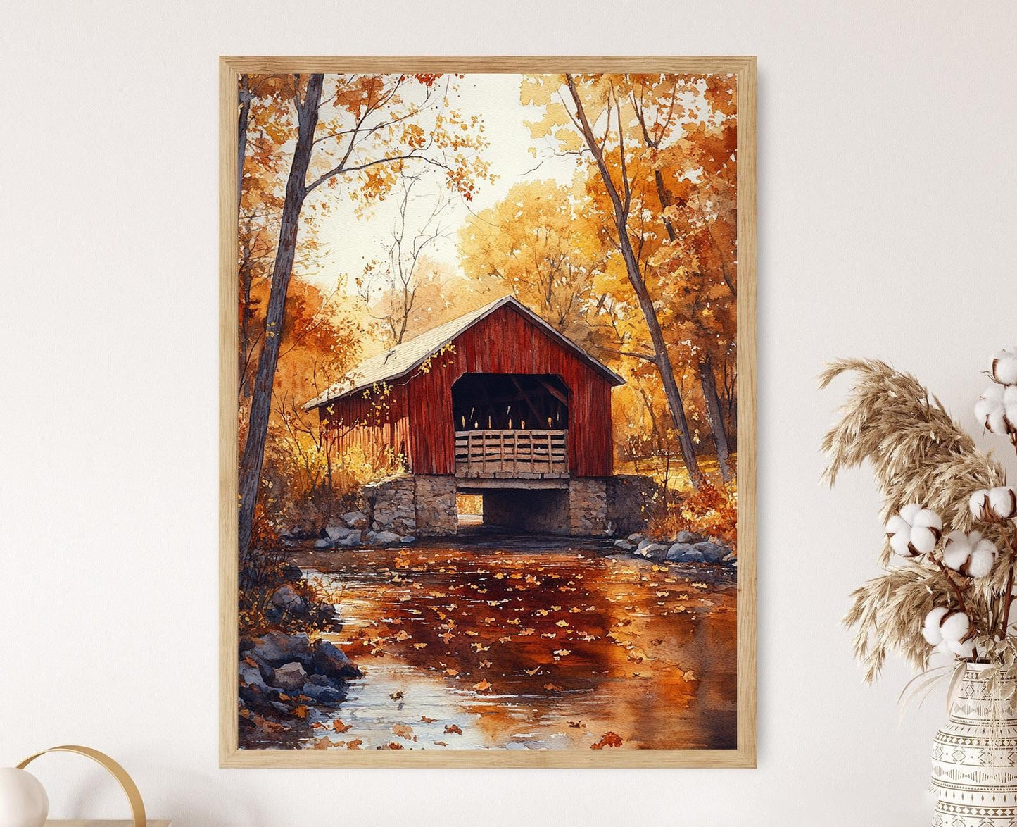 Affiche Pont Couvert d'Indiana – Impression Aquarelle Paysage Automnal